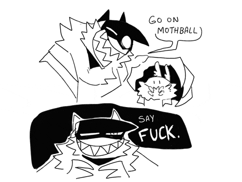 a black and white drawing of a cat with a speech bubble that says go on mothball say fuck