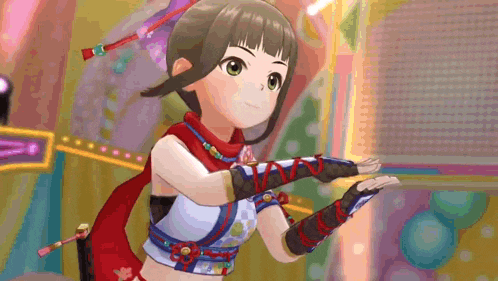 a girl in a ninja costume is holding her hands up in the air .