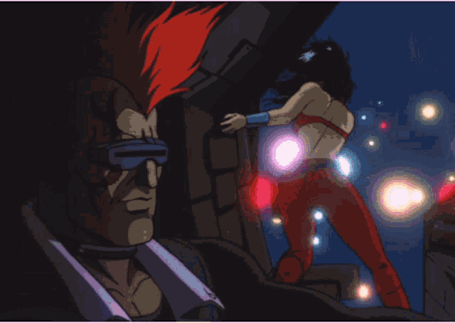 a cartoon of a man with red hair and a woman with red pants