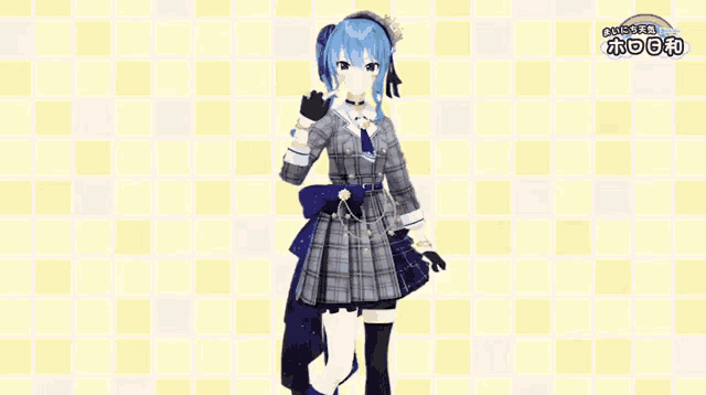 a blue haired anime girl is standing in front of a checkered background with a rainbow in the background