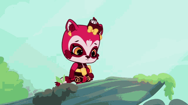 a cartoon drawing of a red raccoon with a bow on her head