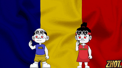 a boy and a girl are standing in front of a flag and the girl is wearing a shirt that says zhot