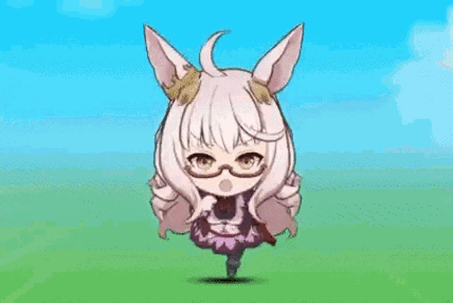 a cartoon girl with glasses and a ponytail is running in a field surrounded by flowers .