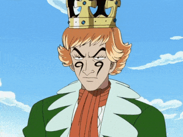 a cartoon character with a crown on his head has the number 99 on his face