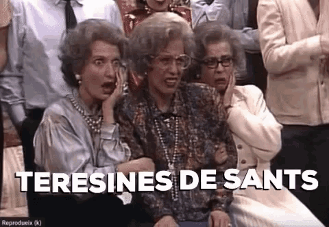 three older women are sitting in front of a crowd with the words teresines de sants written on the screen