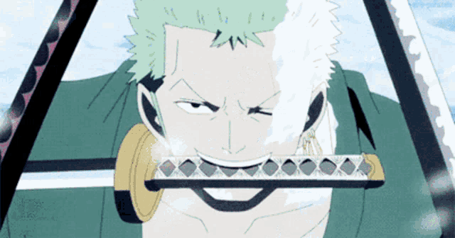 a cartoon of a man holding a sword in his mouth with the word " z " on his forehead