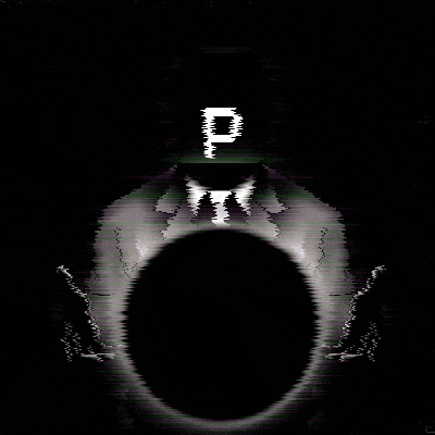 a black and white image of a person with the letter p on their head