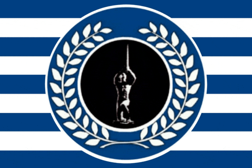 a blue and white flag with a laurel wreath