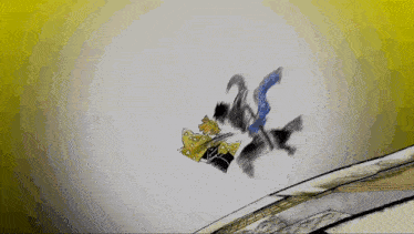a cartoon of a person flying through the air with a sword .