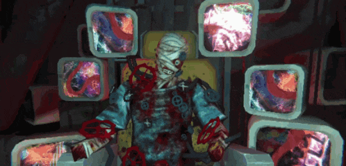 a zombie is sitting in a chair with scissors in his hand