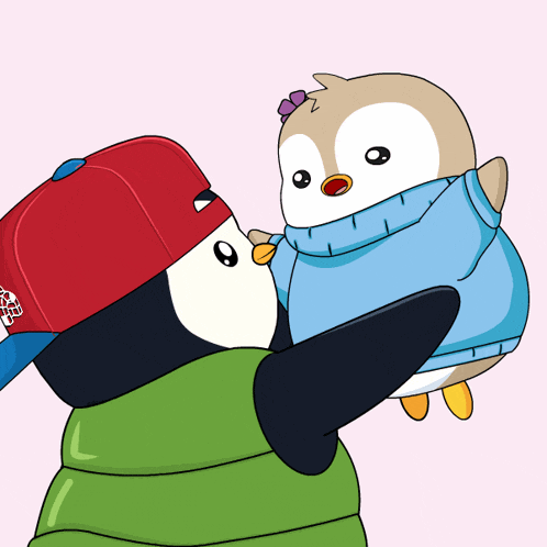 a cartoon of a penguin wearing a blue sweater and a red hat