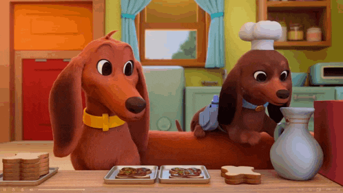 two cartoon dachshunds are sitting at a table with sandwiches on trays