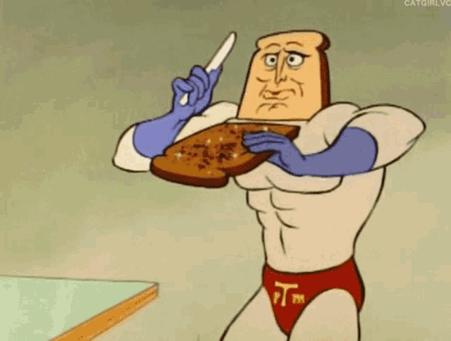 a cartoon character is holding a piece of toast and a knife in his hand .
