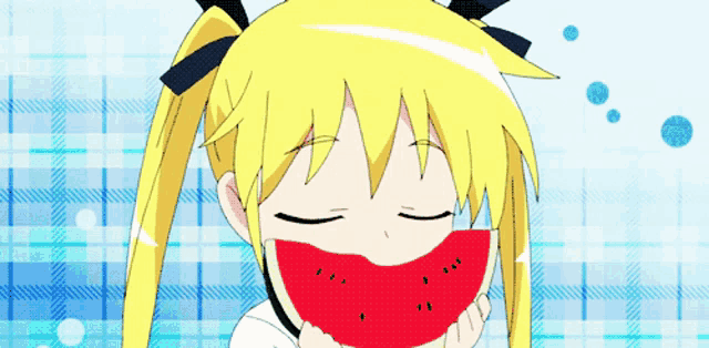 a girl with yellow hair is eating a slice of watermelon with her eyes closed