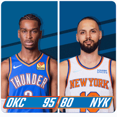 two basketball players from okc and new york are standing next to each other