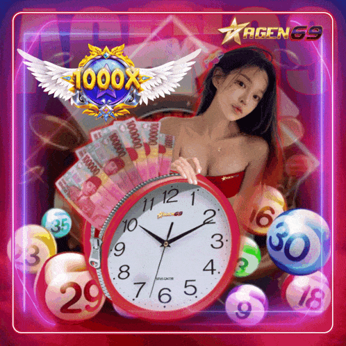 a woman is holding a clock in front of a sign that says agen69