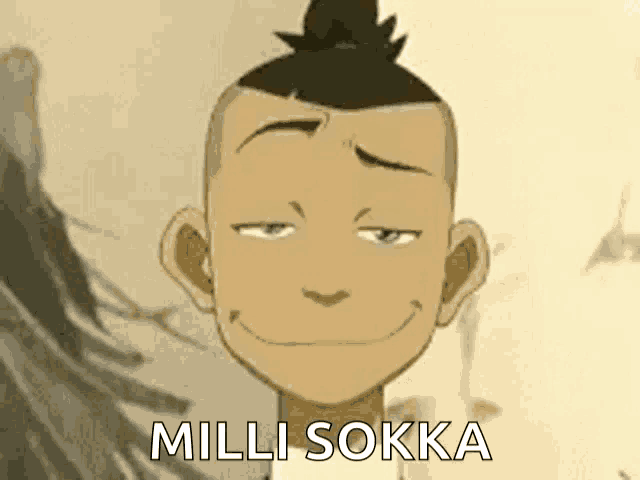 a cartoon character from avatar the last airbender is smiling and making a silly face .