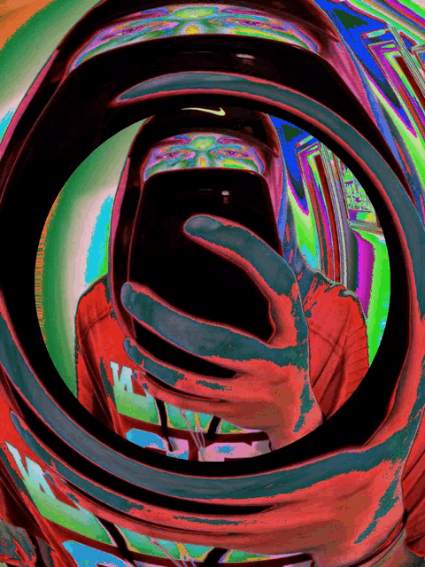 a colorful painting of a person taking a selfie with their phone