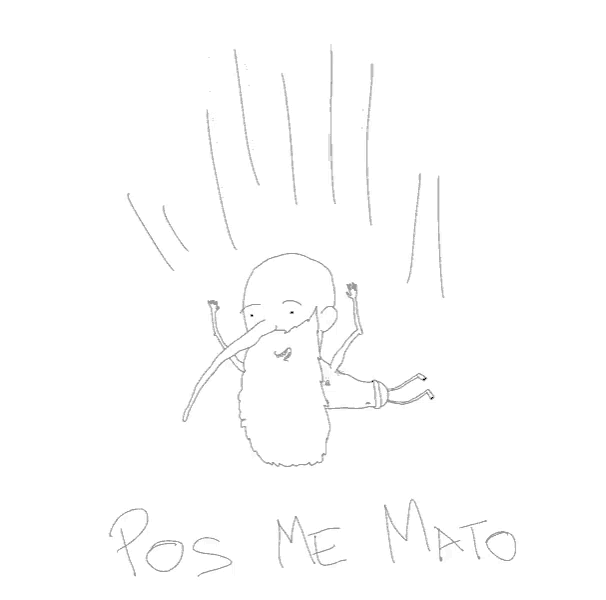 a drawing of a man with a long beard and the words " pos me mato " below it