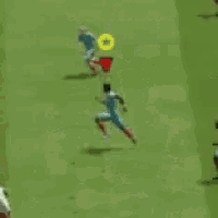 a group of soccer players are playing a game and the goon says no .