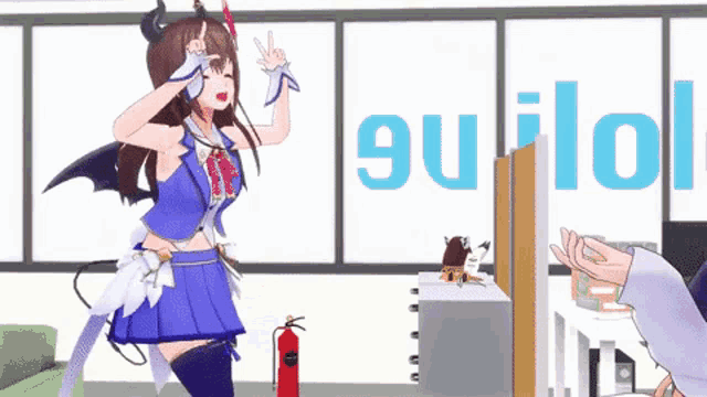a girl with horns and wings is standing in front of a fire extinguisher in front of a sign that says guilol