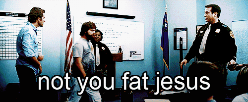 a group of men standing in a room with the words not you fat jesus written on the bottom