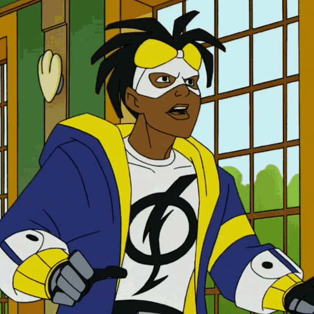 a cartoon of a man in a superhero costume with a lightning bolt on his chest