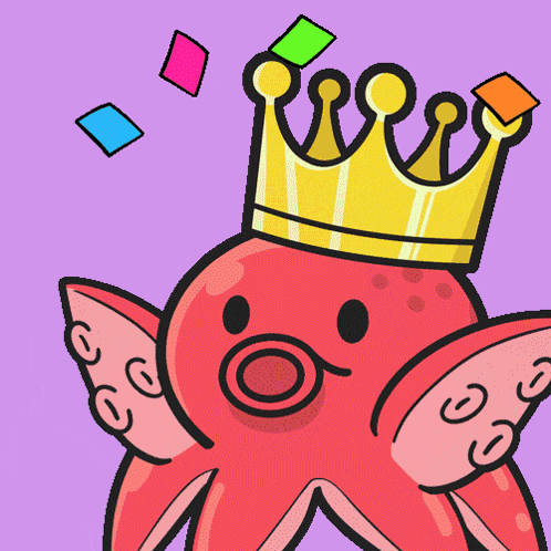 a cartoon octopus wearing a crown with colorful squares around it