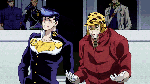 a man in a leopard hat stands next to a man in a red jacket