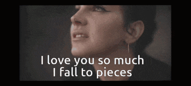 a close up of a woman with the words i love you so much i fall to pieces below her