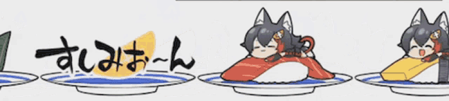 a cartoon of a cat eating sushi on three plates