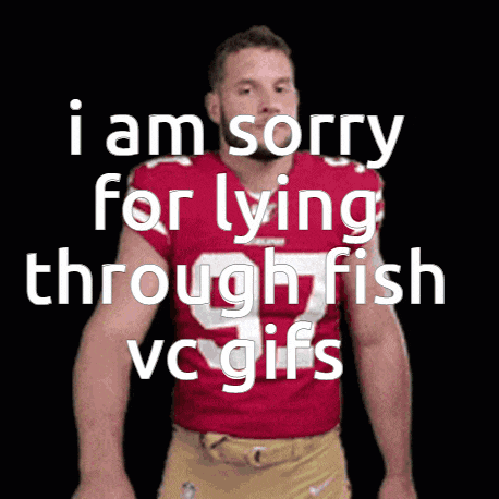 a man in a red jersey says i am sorry for lying through fish