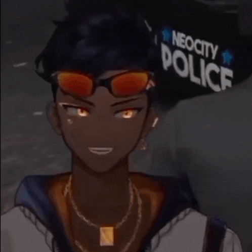 a black anime character wearing sunglasses and a necklace