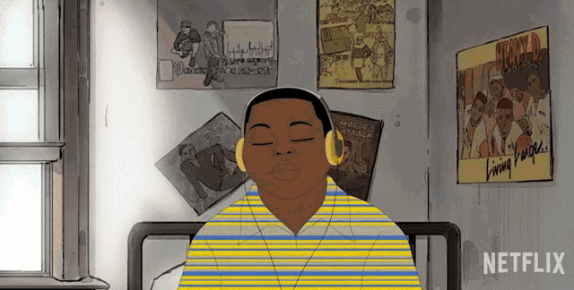 a cartoon of a man wearing headphones with a netflix logo on the bottom right