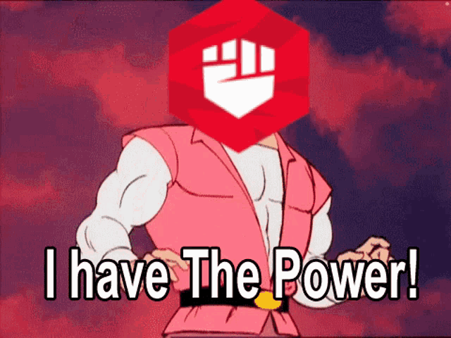 a cartoon character with a red fist on his head and the words i have the power