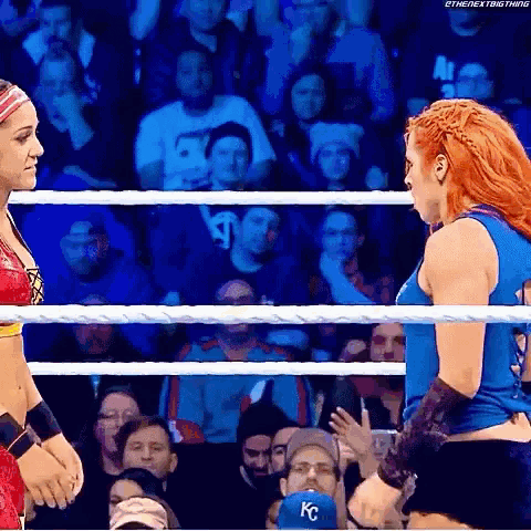 two female wrestlers are standing in a wrestling ring talking to each other in front of a crowd .