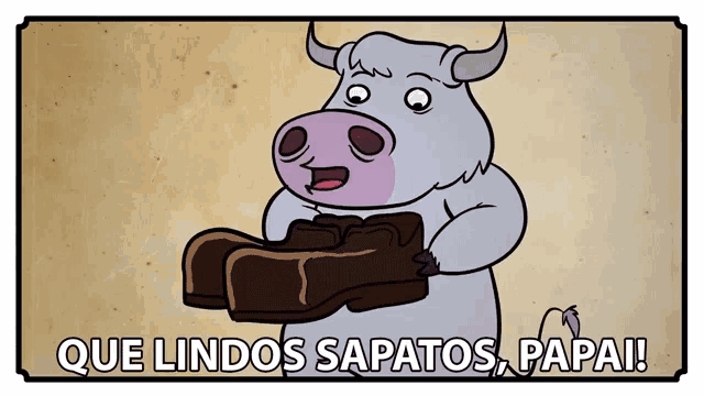 a cartoon of a bull holding a pair of shoes with the words que lindos zapatos papai