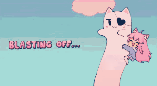 a cartoon of a cat holding a girl with the words blasting off