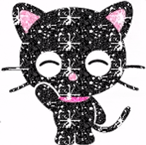 a black cat with pink ears and a pink bow tie is waving its paw .