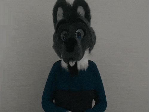 a person wearing a wolf mask with a blue eye