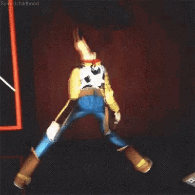 a toy story woody is standing on one leg in a dark room .