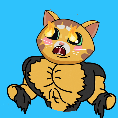 a cartoon cat with big muscles and a sad face