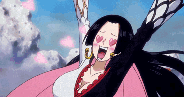 a woman with hearts in her eyes is flying in the air with her arms in the air .