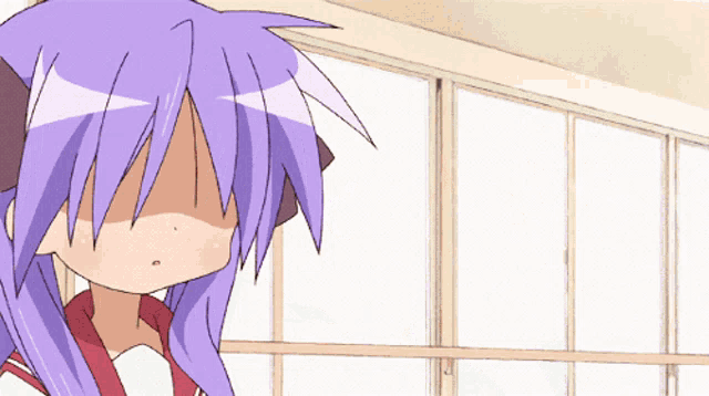 a girl with purple hair covering her face with her hands