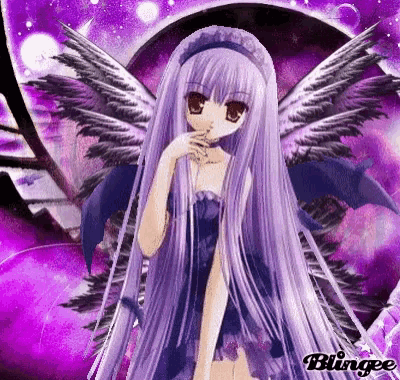 a girl with long purple hair and wings is wearing a black dress and a choker .