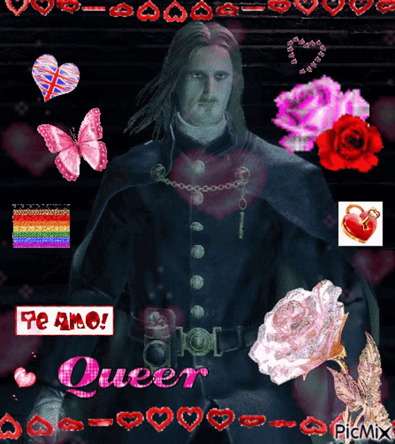 a picture of a man surrounded by hearts and flowers with the words queer