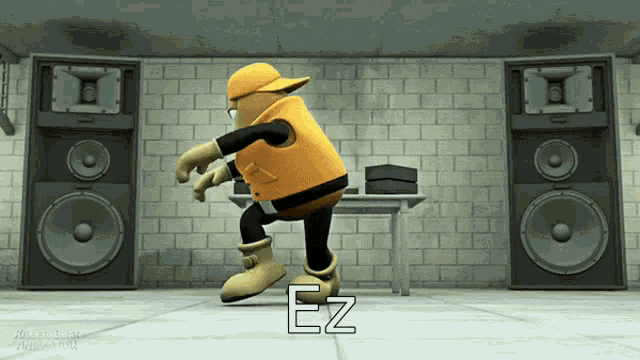 a cartoon character is dancing in front of speakers and says ez on the bottom