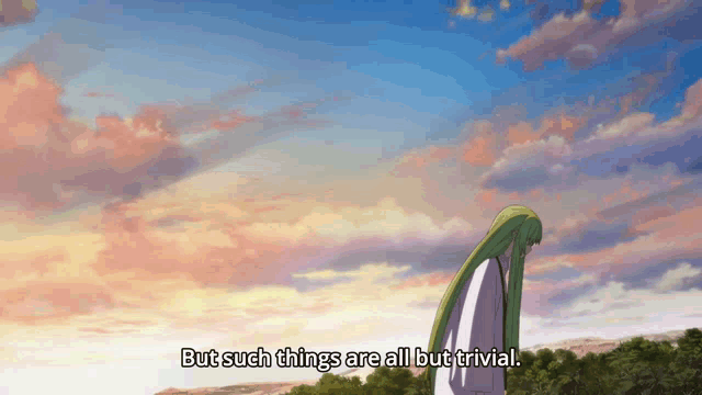 a woman with green hair stands in front of a cloudy sky and says " but such things are all but trivial "