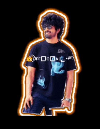 a man wearing a black t-shirt that says " official "