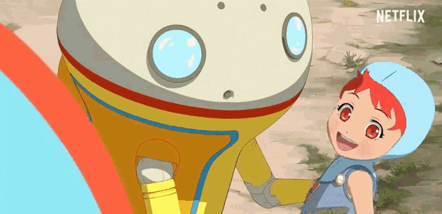 a cartoon of a girl standing next to a robot that says netflix on the bottom right